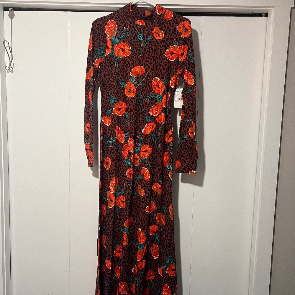 Free People Red Floral & Black Leopard Midi Dress with Teal Accents - Picture 4 of 6